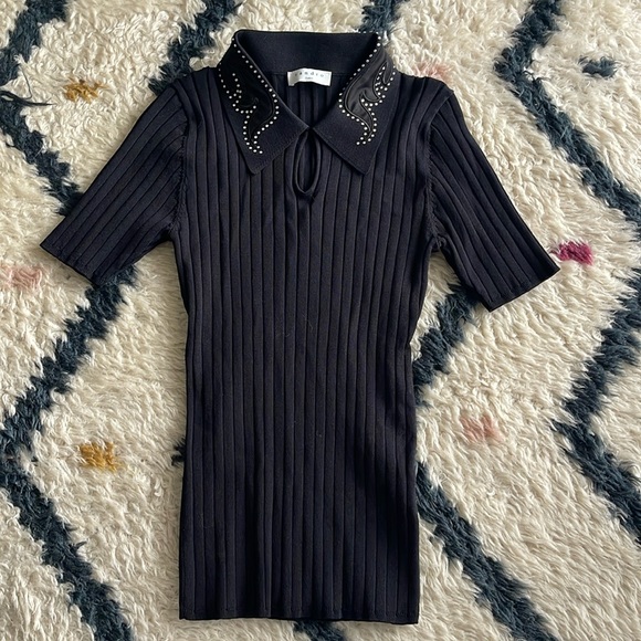 SANDRO PARIS BLACK KNIT TOP- Polo Ribbed Rhinestone Collar Size M - Picture 1 of 4